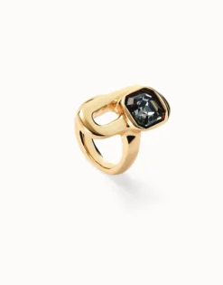 Anillo bañado en oro de 18k con cristal negro