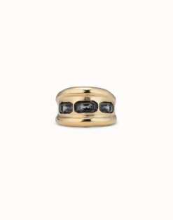 Anillo bañado en oro de 18k y 3 cristales grises