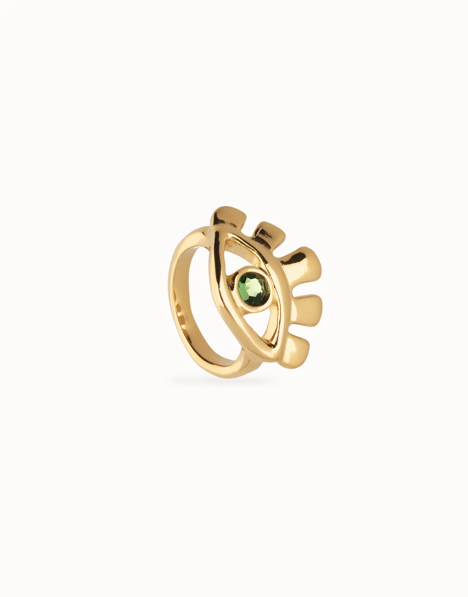 Anillo bañado en oro 18k en forma de ojo con cristal facetado verde