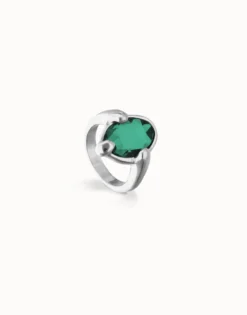 Anillo bañado en plata con cristal facetado ovalado verde