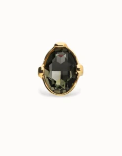 Anillo grande bañado en oro 18k con cristal facetado ovalado gris