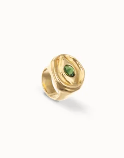 Anillo tipo sello bañado en oro 18k y forma de ojo con cristal facetado verde