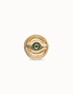 Anillo tipo sello bañado en oro 18k y forma de ojo con cristal facetado verde