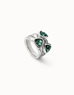 Anillo triangular bañado en plata de ley cristales verdes