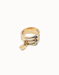 Anillo triple bañado en oro de 18k con cristales azules