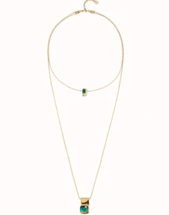 Cadena doble bañada en oro 18k con cristales verdes