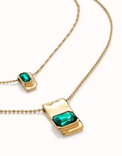 Cadena doble bañada en oro 18k con cristales verdes