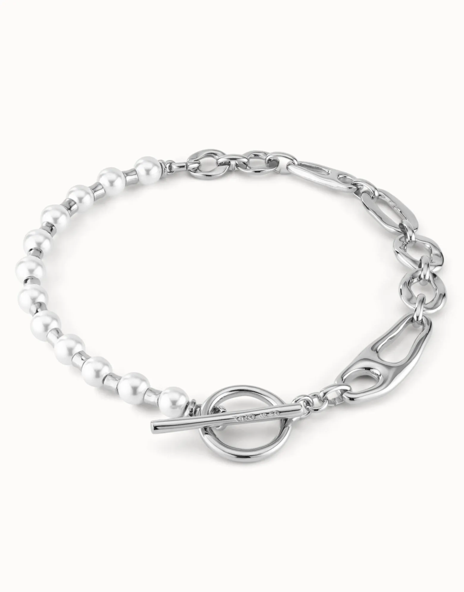 Collar bañado en plata de ley con combinación de eslabones y perlas