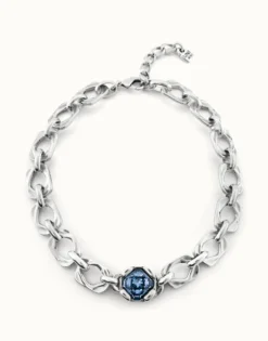 Collar bañado en plata de ley y cristal central azul