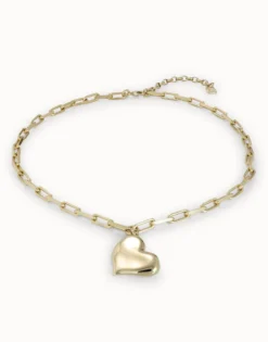 Collar corto bañado en oro de 18k, cadena de eslabones medianos y corazón mediano