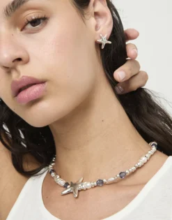 Collar corto bañado en plata con cristales y estrella de mar grande