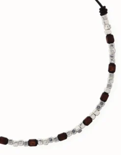 Collar de cuero con cuentas en plata y madera