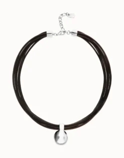 Collar de cuero con esfera grande bañada en plata de ley