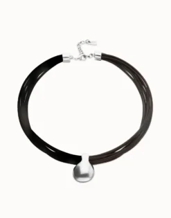 Collar de cuero con esfera grande bañada en plata de ley