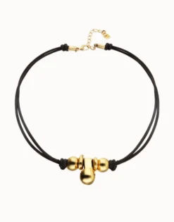 Collar de cuero con tres esferas bañadas en oro 18k
