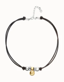 Collar de cuero con tres esferas bañadas en mix de plata y oro 18k
