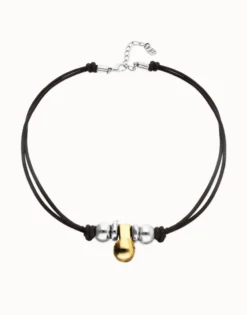 Collar de cuero con tres esferas bañadas en mix de plata y oro 18k