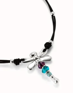 Collar de cuero y libélula bañado en plata de ley con cristales