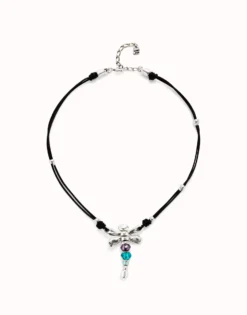 Collar de cuero y libélula bañado en plata de ley con cristales