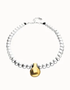 Collar de esferas medianas bañadas en plata de ley y esfera grande en oro 18k