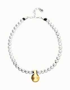 Collar de esferas medianas bañadas en plata de ley y esfera grande en oro 18k