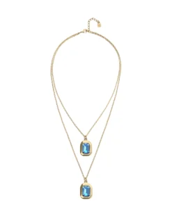 Collar doble bañado en oro 18k con dos cristales facetados rectangulares