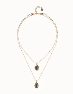 Collar doble bañado en oro 18k con dos cristales facetados ovalados negros