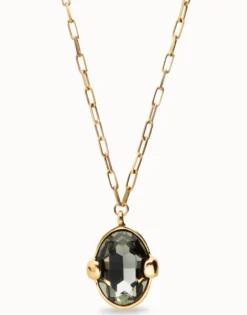 Collar largo bañado en oro 18k con cristal facetado ovalado gris
