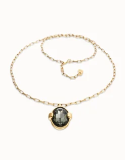 Collar largo bañado en oro 18k con cristal facetado ovalado gris