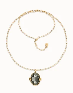 Collar largo bañado en oro 18k con cristal facetado ovalado gris