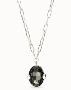 Collar largo bañado en plata con cristal facetado ovalado gris grande