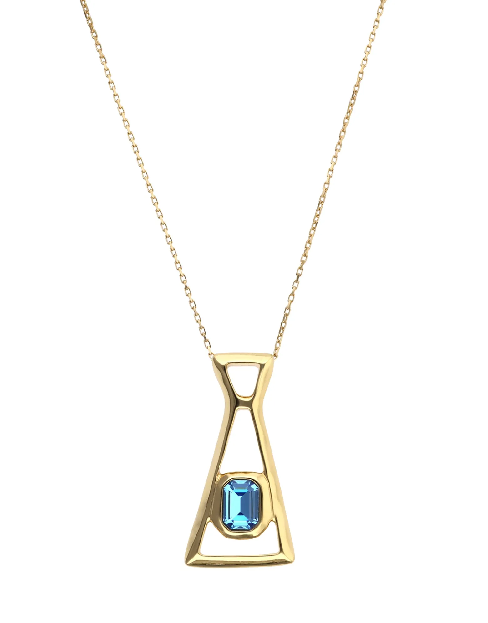 Collar largo con colgante bañado en oro 18k y cristal facetado rectangular azul