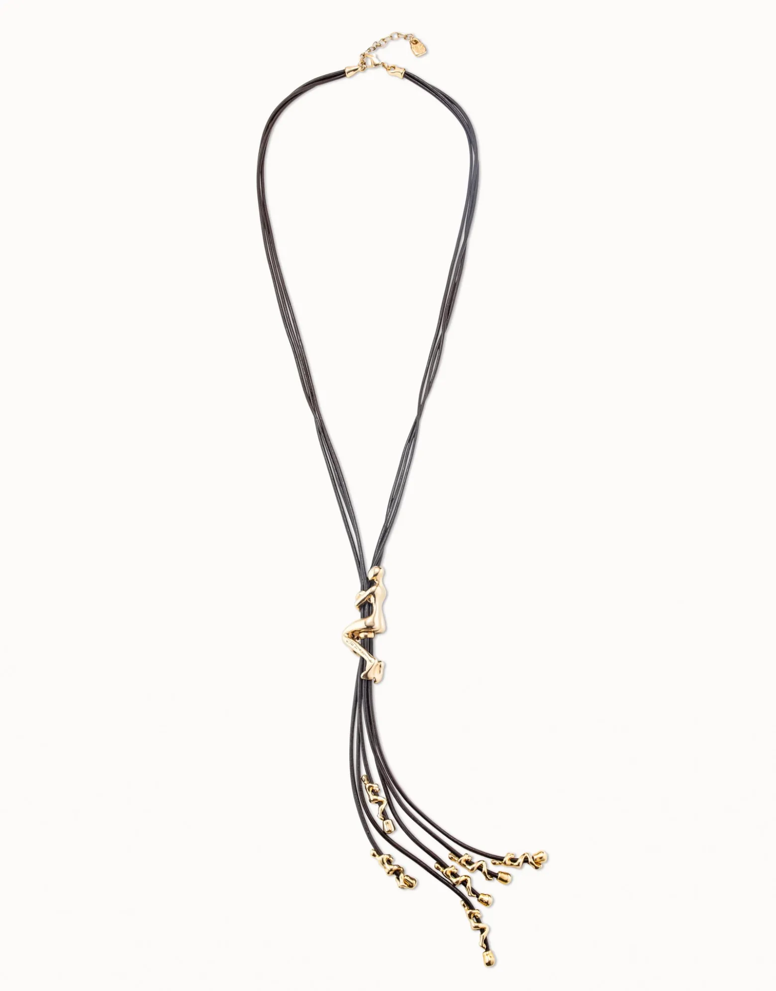 Collar largo de cordones de cuero bañado en oro de 18k