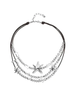 Collar multicadena en cuero bañado en plata y estrella de mar