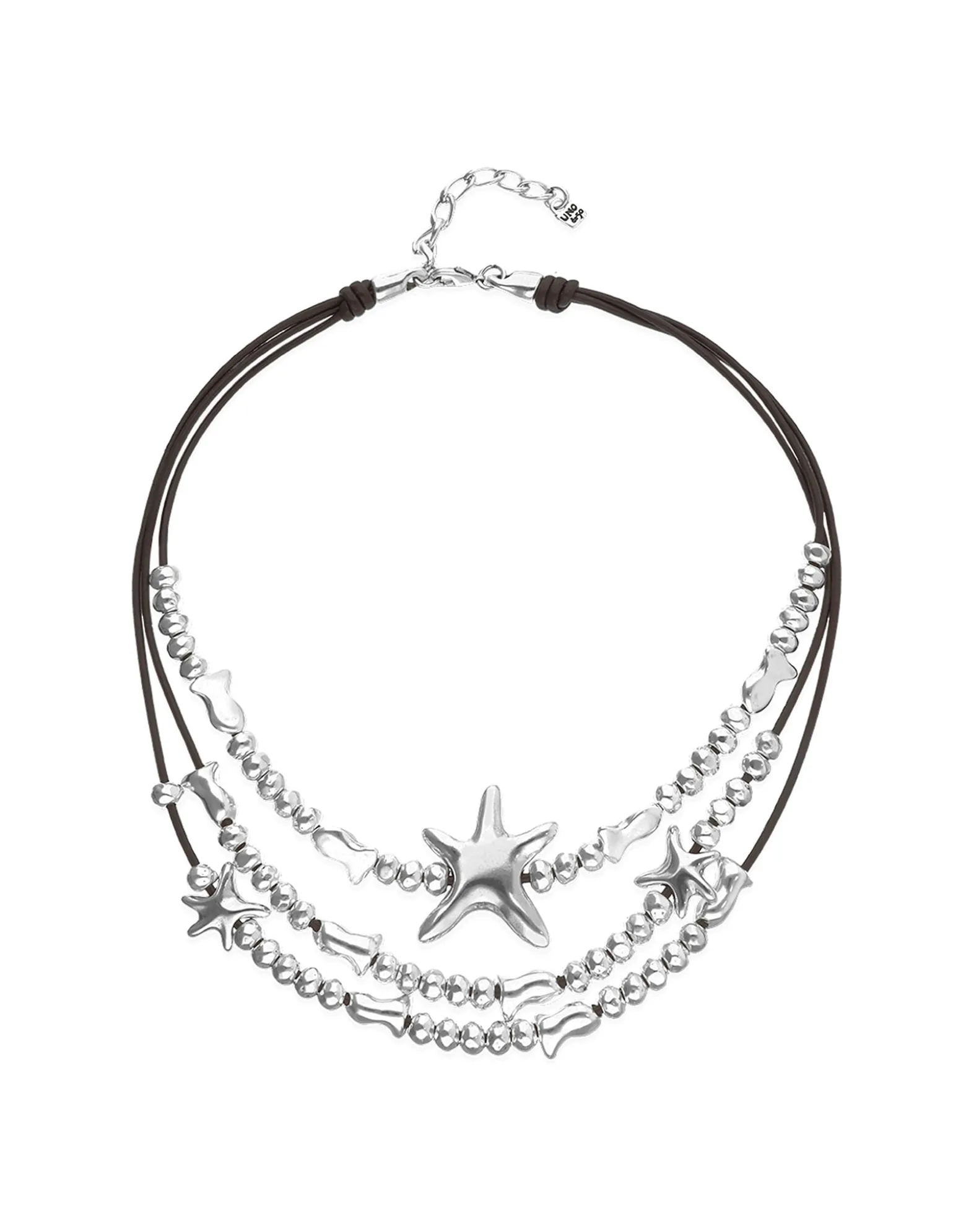 Collar multicadena en cuero bañado en plata y estrella de mar