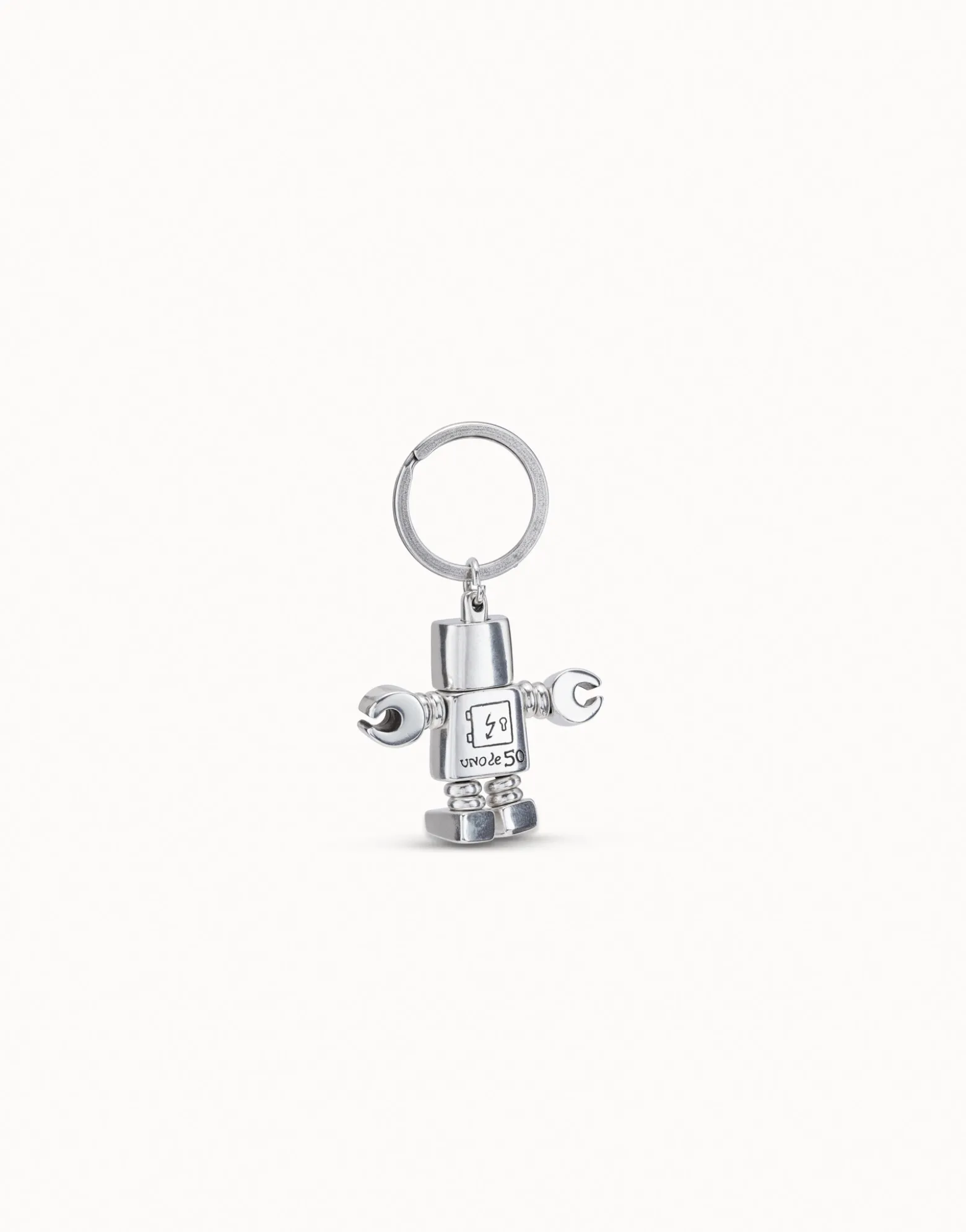 Llavero robot y logo grabado en plata de ley