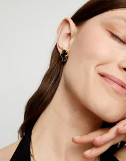 Pendientes bañados en oro 18k con cristal facetado ovalado negro
