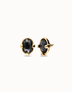 Pendientes bañados en oro 18k con cristal facetado ovalado negro