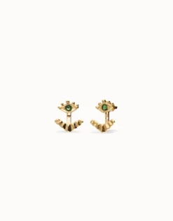 Pendientes bañados en oro 18k en forma de ojo con pestañas y cristal facetado verde