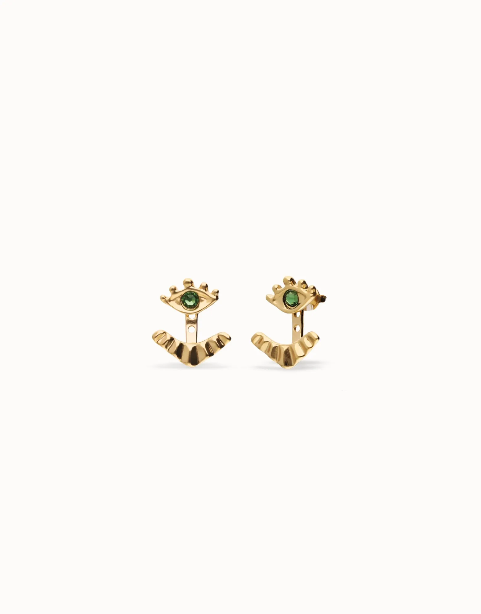 Pendientes bañados en oro 18k en forma de ojo con pestañas y cristal facetado verde