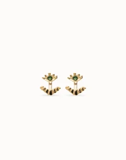Pendientes bañados en oro 18k en forma de ojo con pestañas y cristal facetado verde