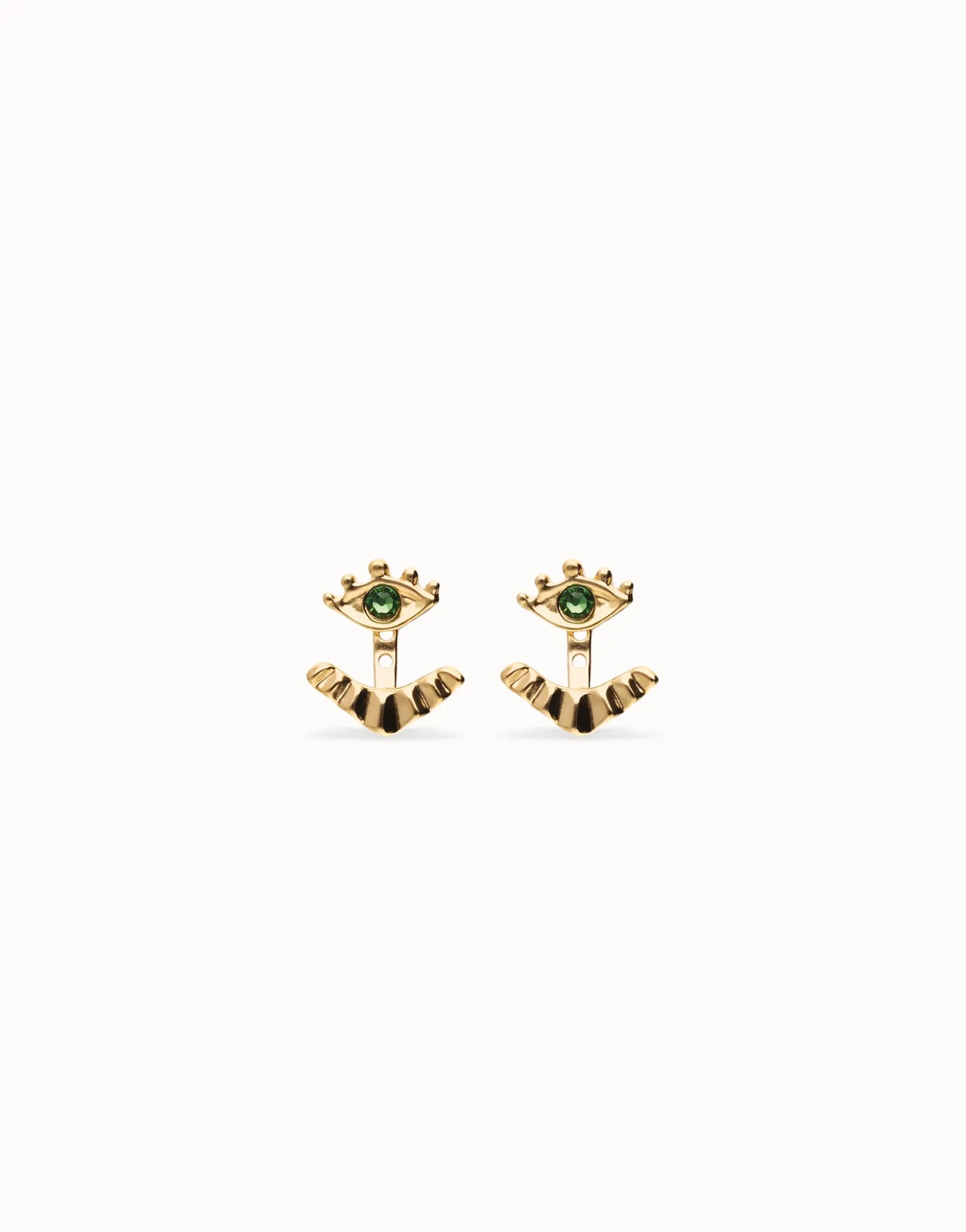 Pendientes bañados en oro 18k en forma de ojo con pestañas y cristal facetado verde