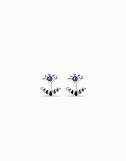Pendientes bañados en plata en forma de ojo con pestañas y cristal facetado azul