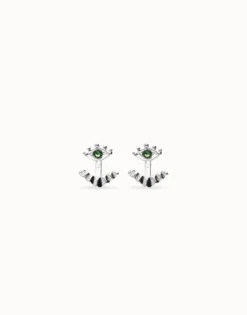 Pendientes bañados en plata en forma de ojo con pestañas y cristal facetado verde