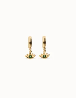 Pendientes de aro bañados en oro 18k con forma de ojo y cristal facetado verde