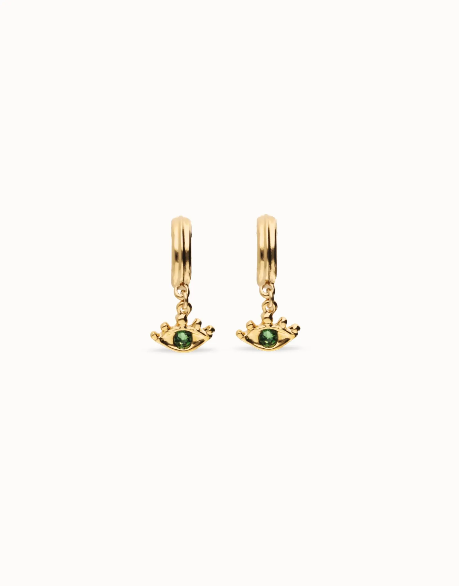 Pendientes de aro bañados en oro 18k con forma de ojo y cristal facetado verde