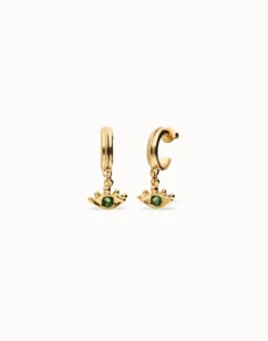 Pendientes de aro bañados en oro 18k con forma de ojo y cristal facetado verde