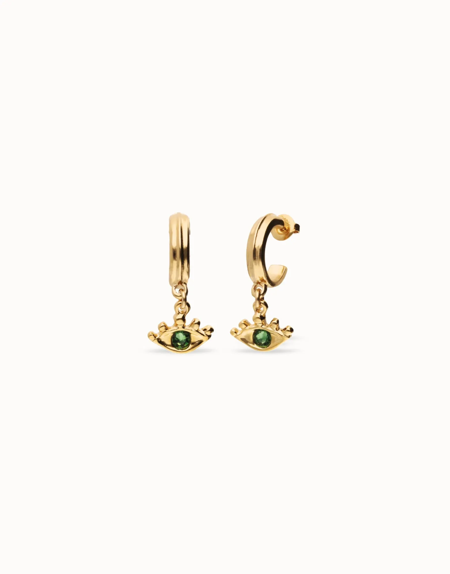Pendientes de aro bañados en oro 18k con forma de ojo y cristal facetado verde