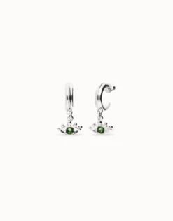 Pendientes de aro bañados en plata de ley con forma ojo y cristal facetado verde