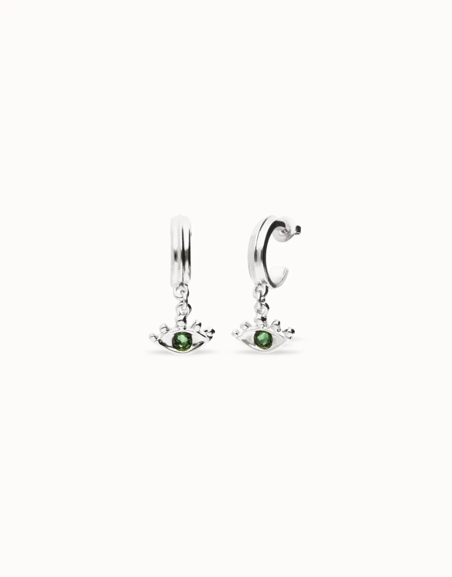 Pendientes de aro bañados en plata de ley con forma ojo y cristal facetado verde